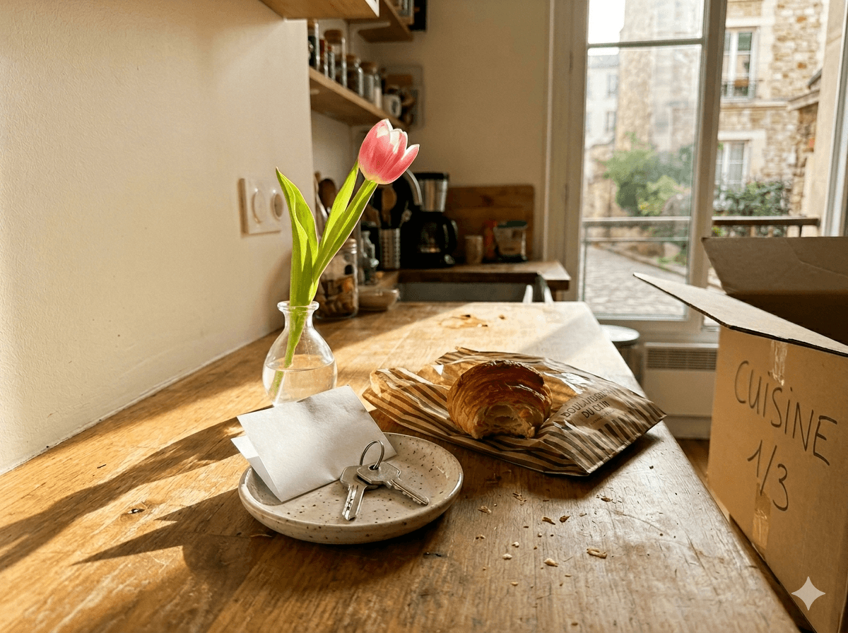 Premier matin dans le nouvel appartement parisien : clés, croissant et tulipe sur le plan de travail
